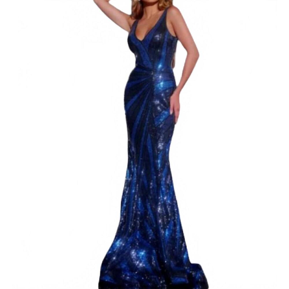 NEW JOVANI stripe pattern prom dress in navy